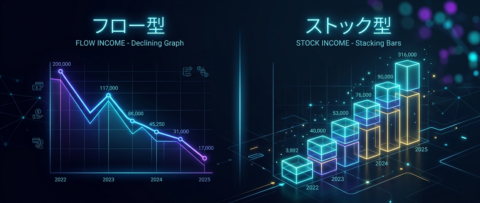 労働に依存してすり減る「フロー型」から、資産として積み上がる「ストック型」への転換。