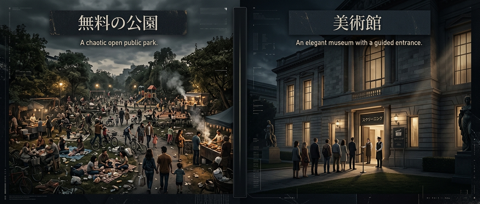 誰でも入れる「無料の公園」と、入り口で期待値を調整する「美術館」。