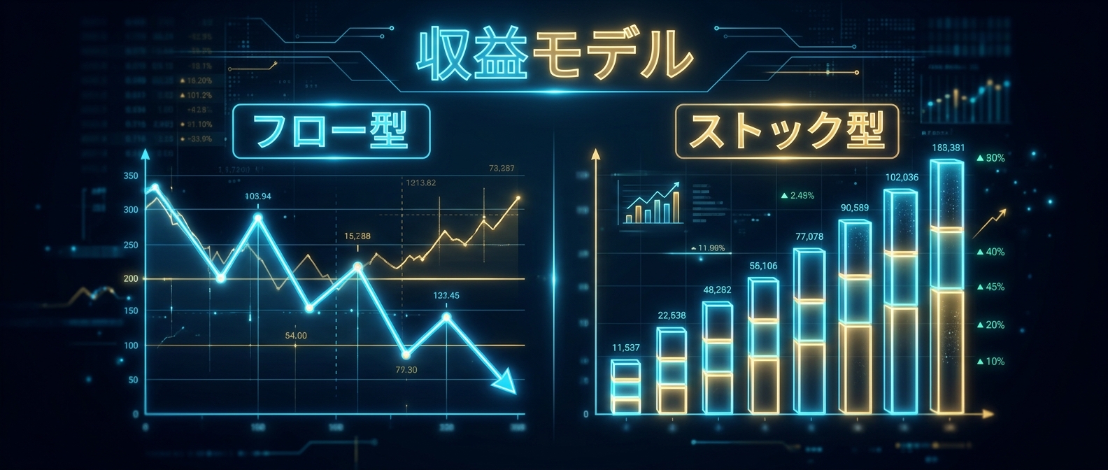 労働集約のフロー型収益と、資産が積み上がるストック型収益の違い。