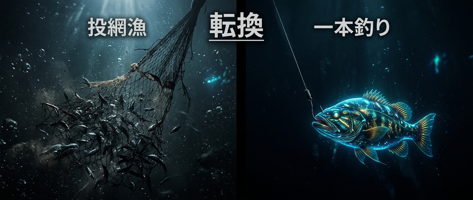 巨大な網で小魚を集める「投網漁」から、狙った大物を確実に仕留める「一本釣り」への転換。