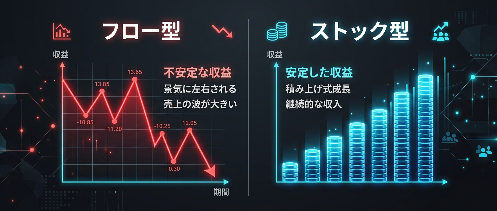 プラットフォームに依存するフロー型収益と、自身の専門性を資産にするストック型収益の違い。