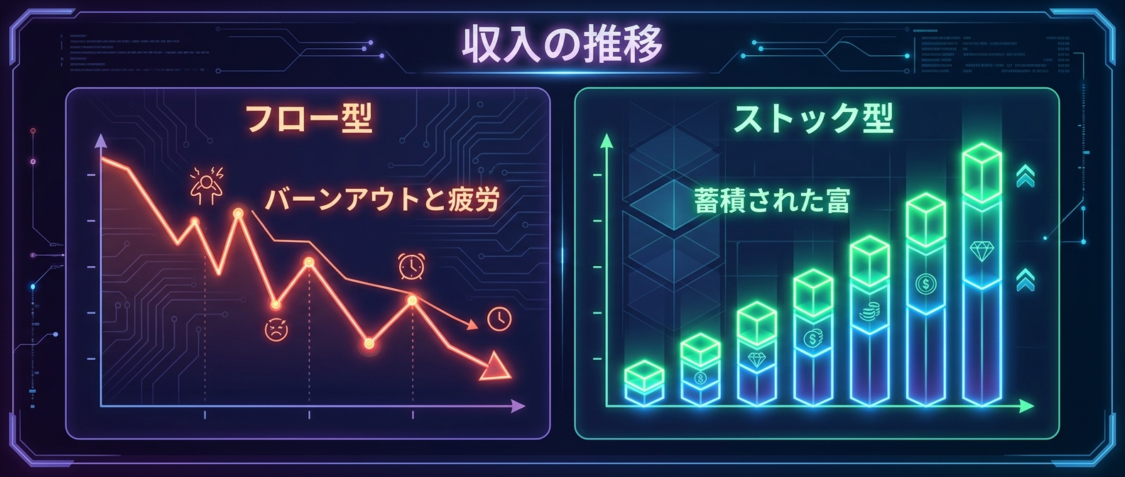 労働集約の限界(フロー型)と、積み上がる資産(ストック型)の比較。
