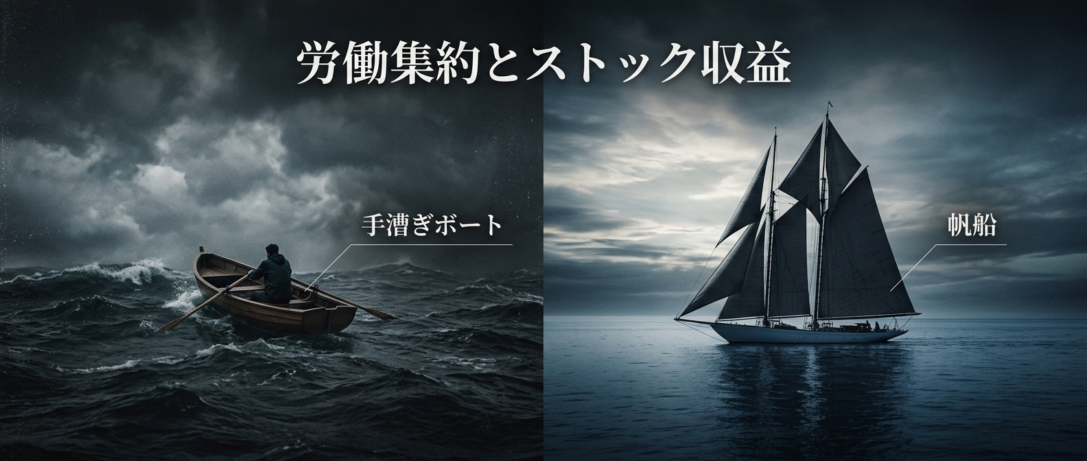 漕ぎ続けなければ沈む「手漕ぎボート」から、風が運んでくれる「帆船」への乗り換え。