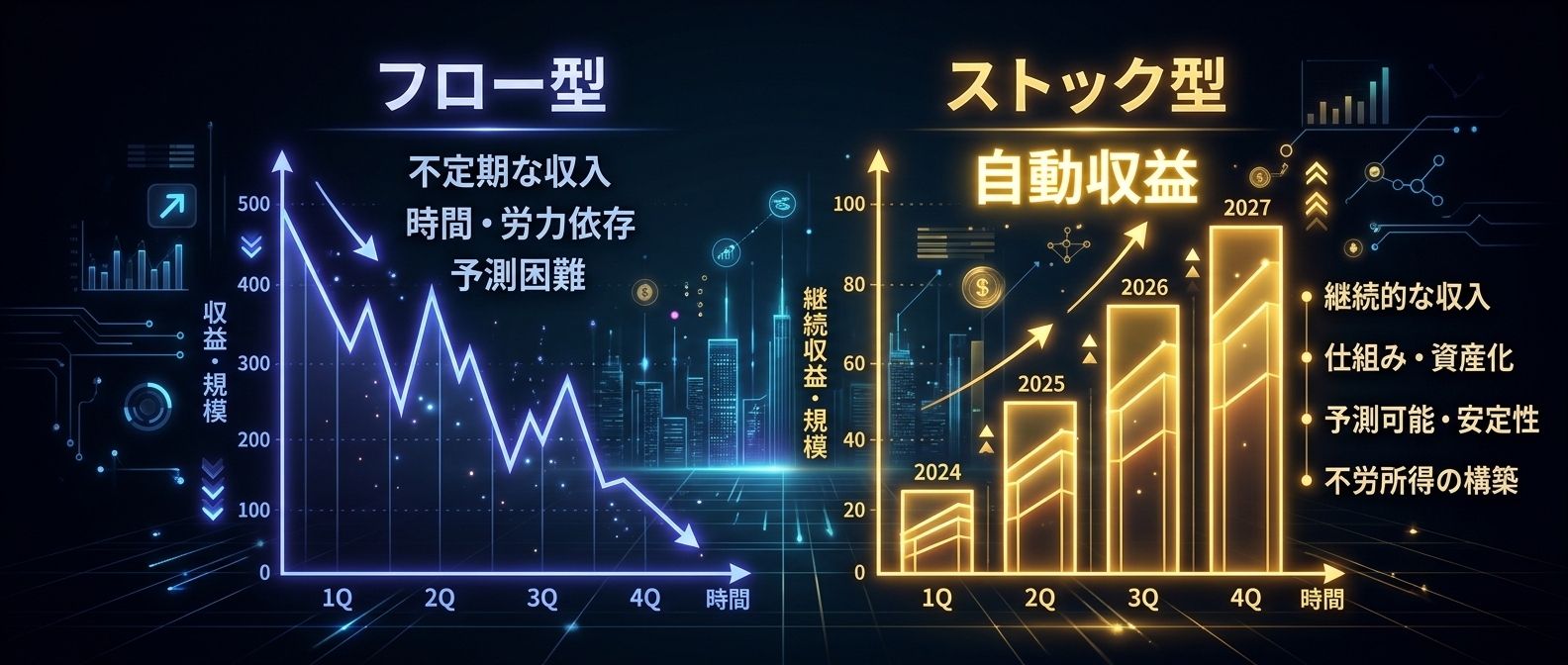 動きを止めたら終わるフロー型と、積み上がるストック型の違い。