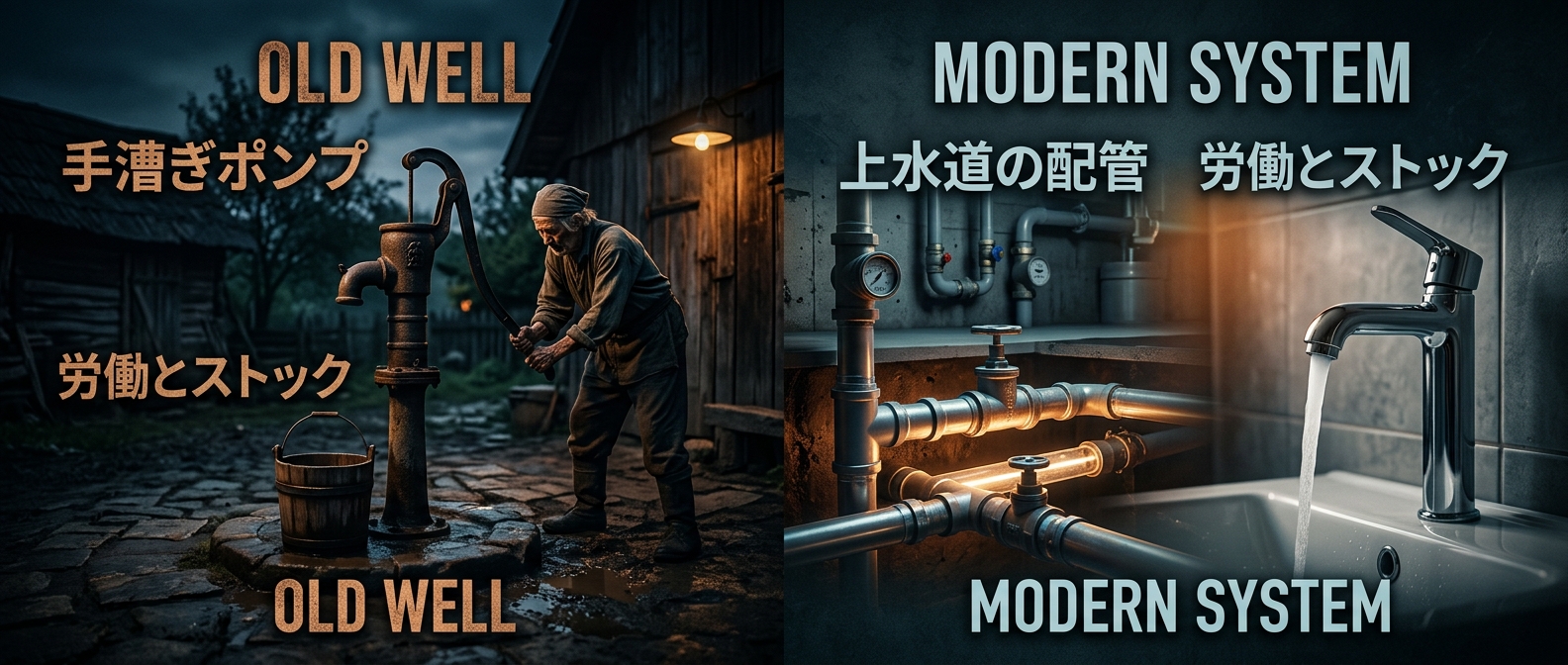 毎回力を入れないと水が出ない「手漕ぎポンプ」と、一度繋げば自動で水が出る「上水道の配管」。