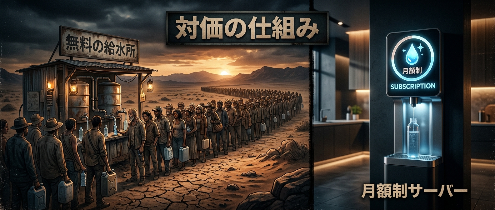 無料で人を集める「給水所」と、対価をいただく「ウォーターサーバー」。