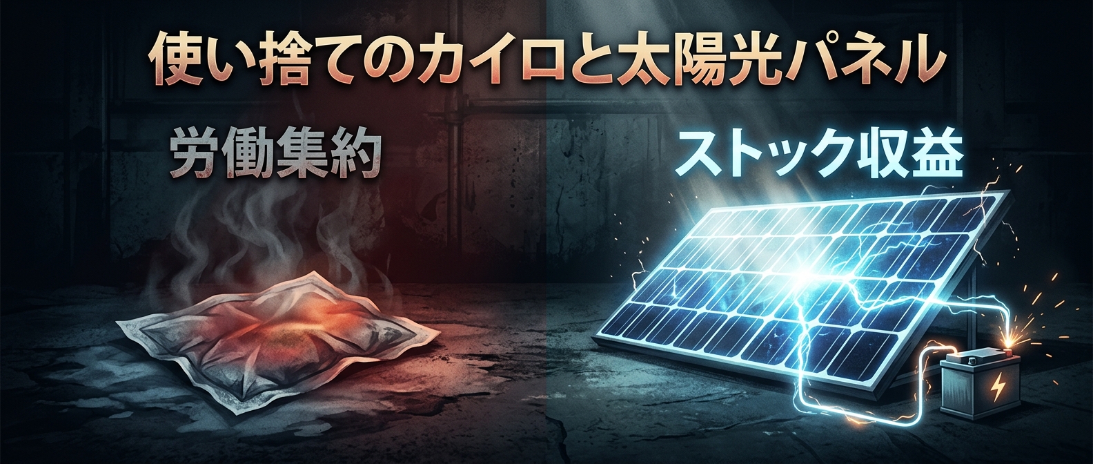 労働集約型の「使い捨てカイロ」と、資産型の「太陽光パネル」。