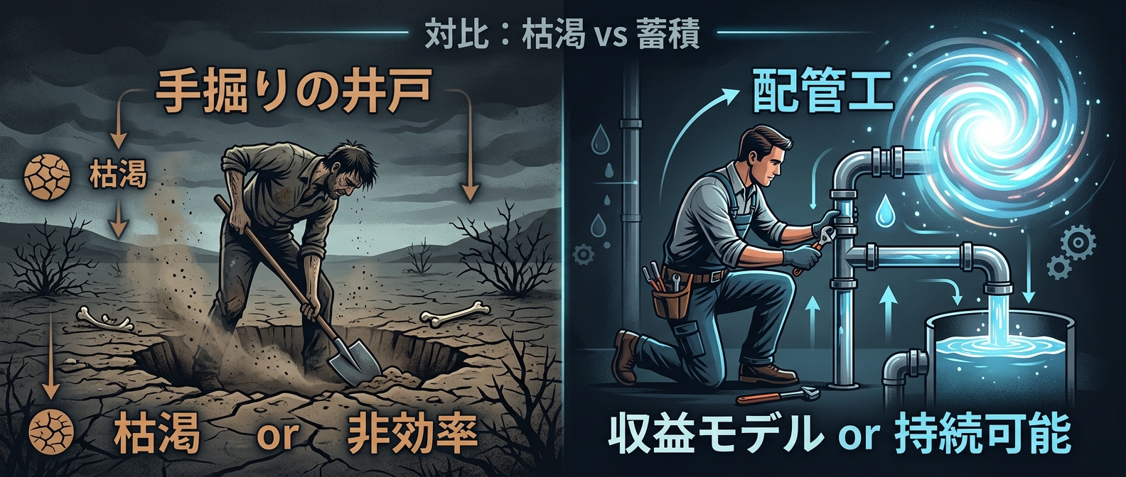ゼロから荒野を掘る「手掘りの井戸」か、既存の水源から引く「配管工」か。
