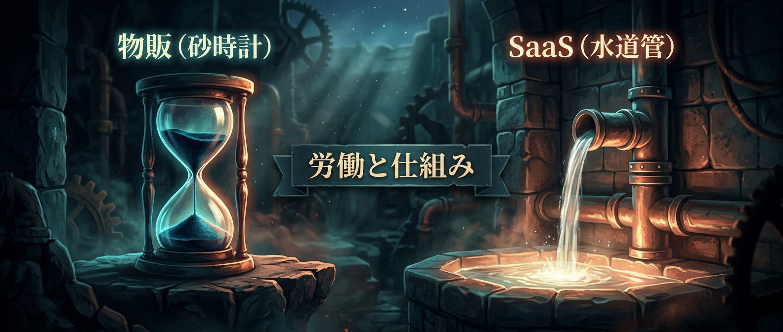 砂時計と水道管。労働集約型の物販と、一度構築すれば流れ続けるSaaSの決定的な違い。
