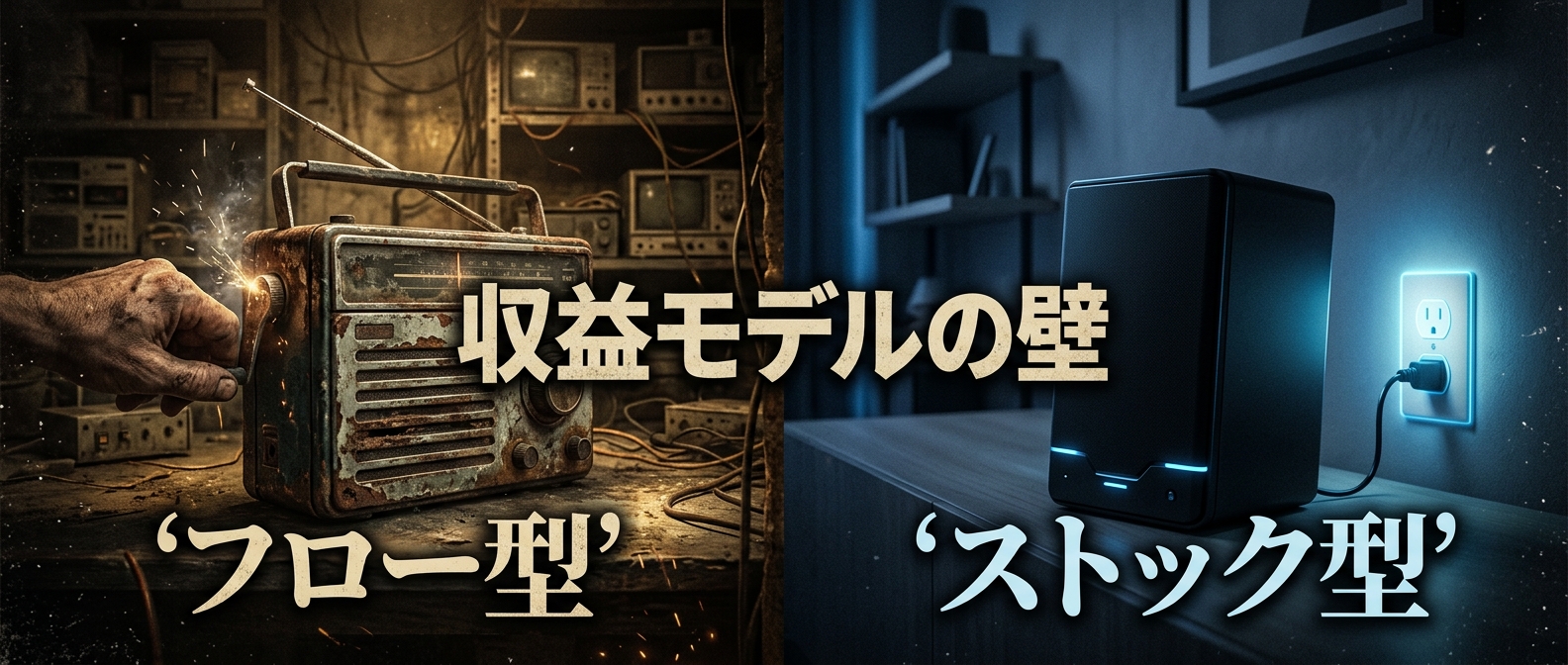 回し続けなければ音が途切れる「手回しラジオ」と、安定して電力が供給される「コンセントに繋がったスピーカー」。