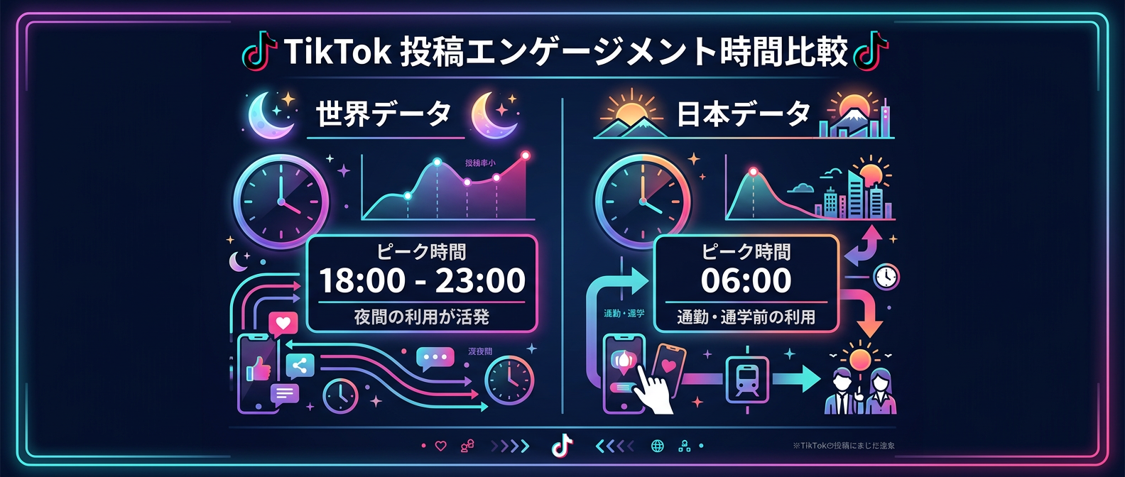 TikTokのベスト投稿時間の落とし穴:グローバルデータと日本語圏データでは、推奨される時間帯が完全に逆転していることを示す図解。米国中心のデータでは夜間が有利とされるが、日本では朝の6時台が最高パフォーマンスを記録している。