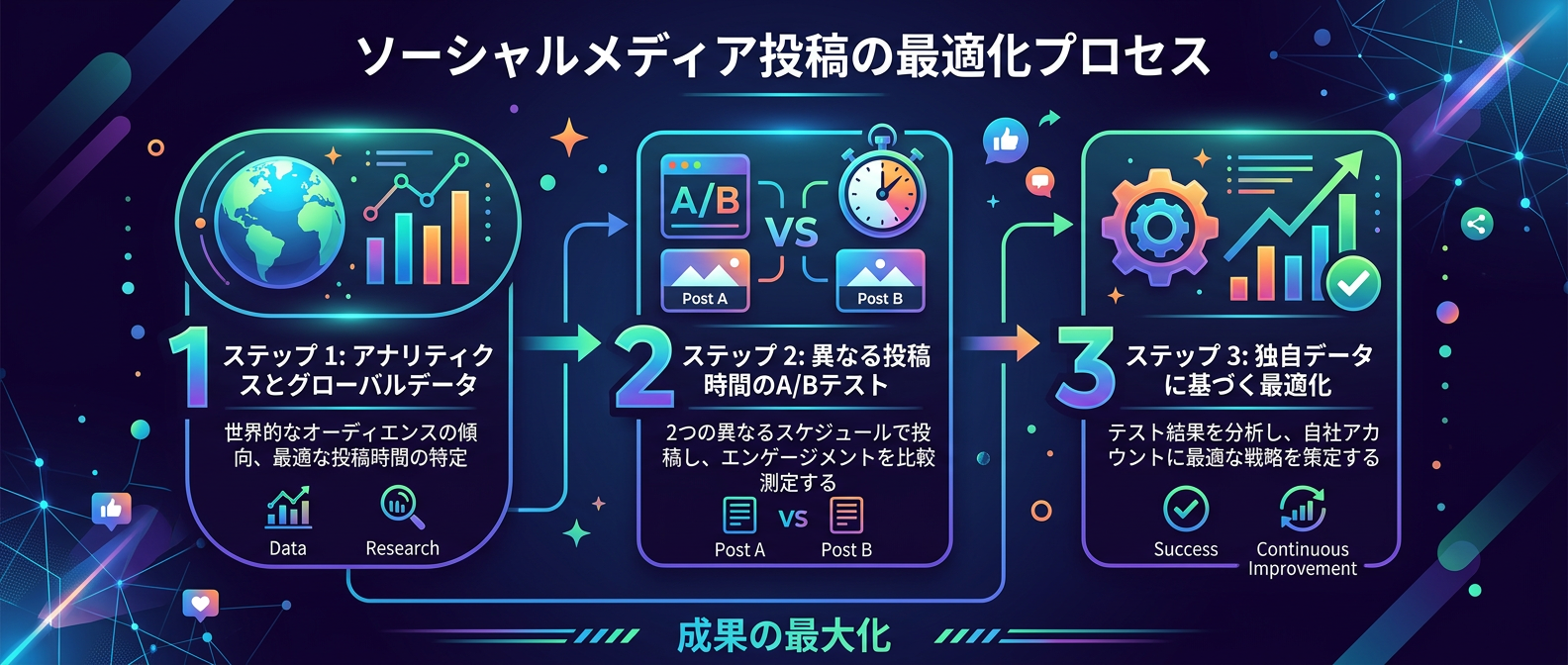 自分のアカウントに最適な投稿時間を見つけるための3ステップ:グローバルデータを仮説の出発点とし、A/Bテストを実施、最終的に自社データで最適化するプロセスを図解。