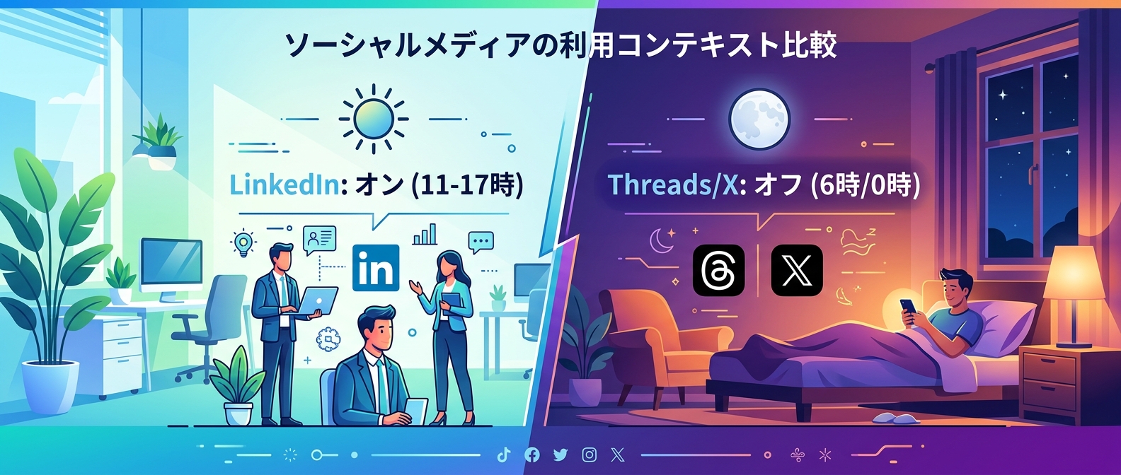 LinkedInとThreads/Xのオン・オフ文脈の比較
