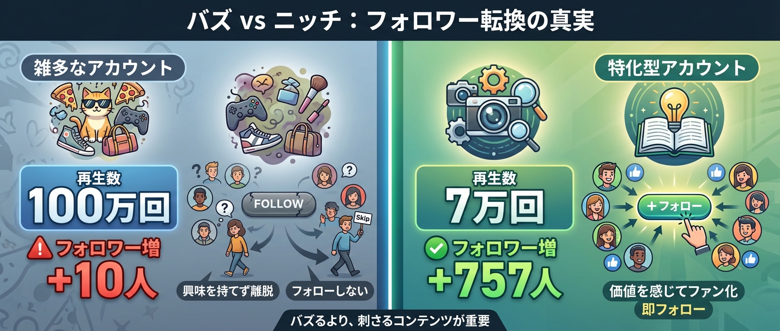 再生数だけではフォロワーは増えない。ニッチな専門性が転換率を決める。