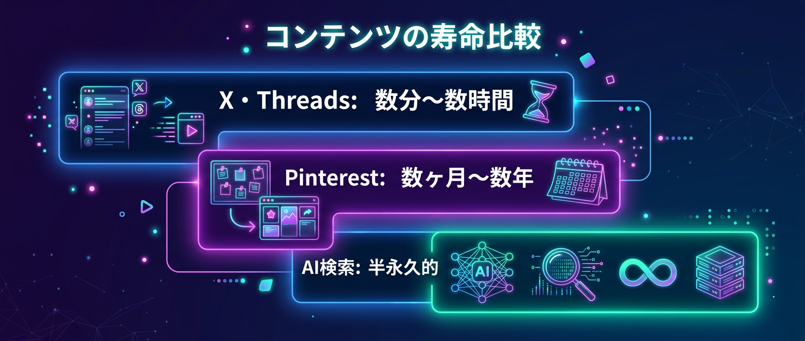 コンテンツ寿命の比較：短期SNSと長期プラットフォーム
