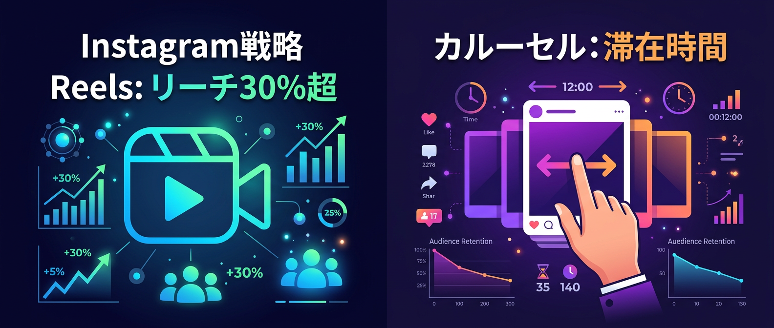 InstagramはReelsでリーチを獲得し、カルーセルで滞在時間を伸ばすのが2026年の基本戦略です。