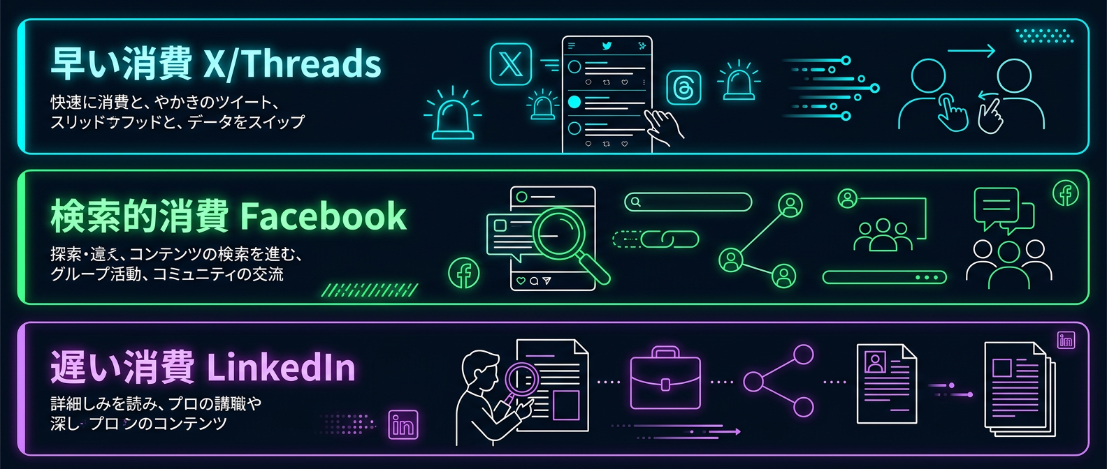各SNSプラットフォームの消費スピードと役割の違い
