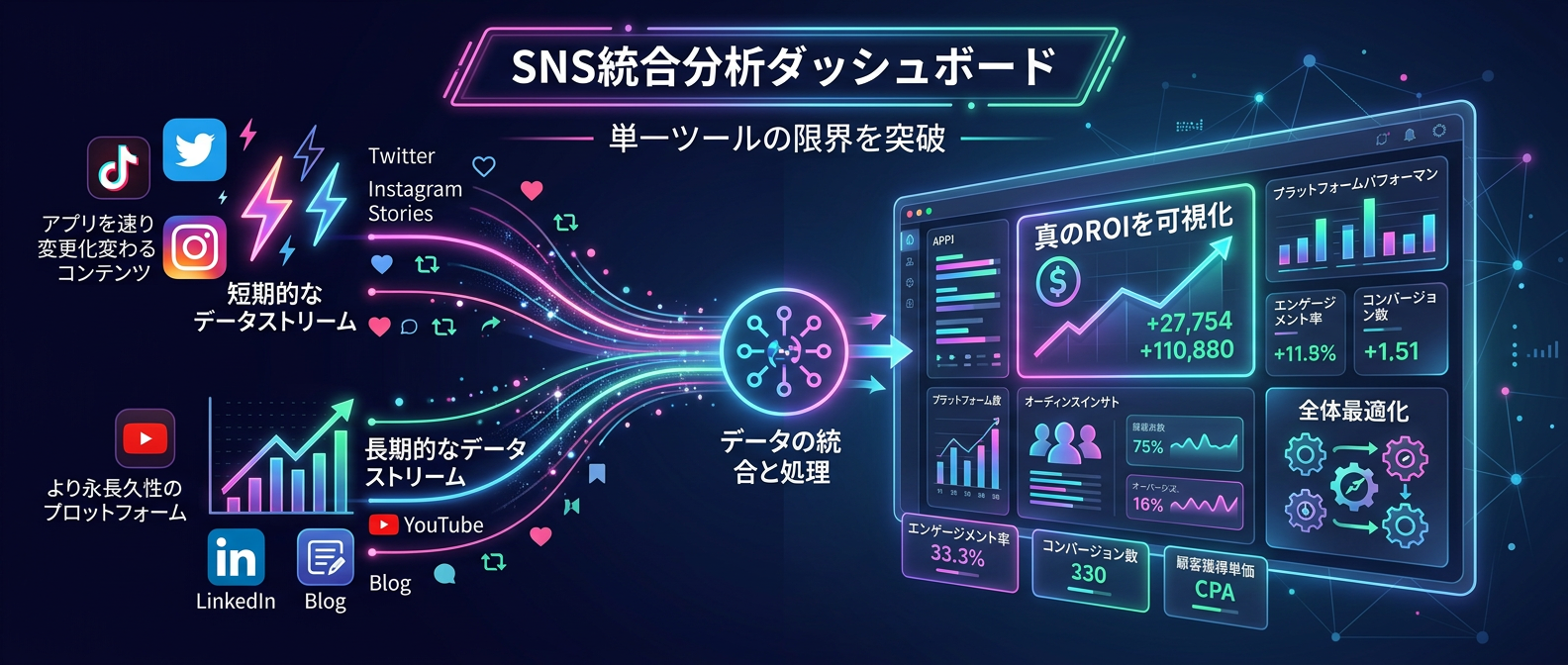 統合ダッシュボードによる複数SNSの一元管理と全体最適化