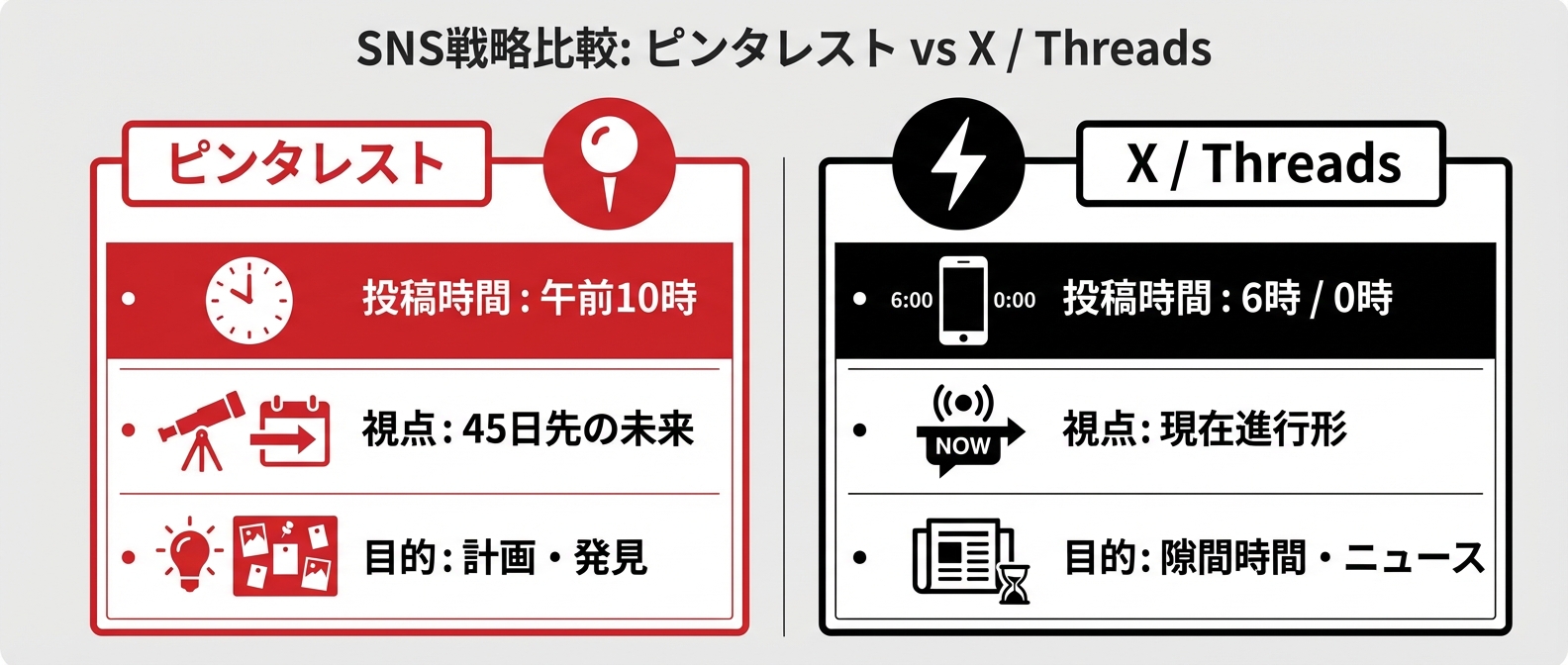 PinterestとリアルタイムSNS（X/Threads）の決定的な違い