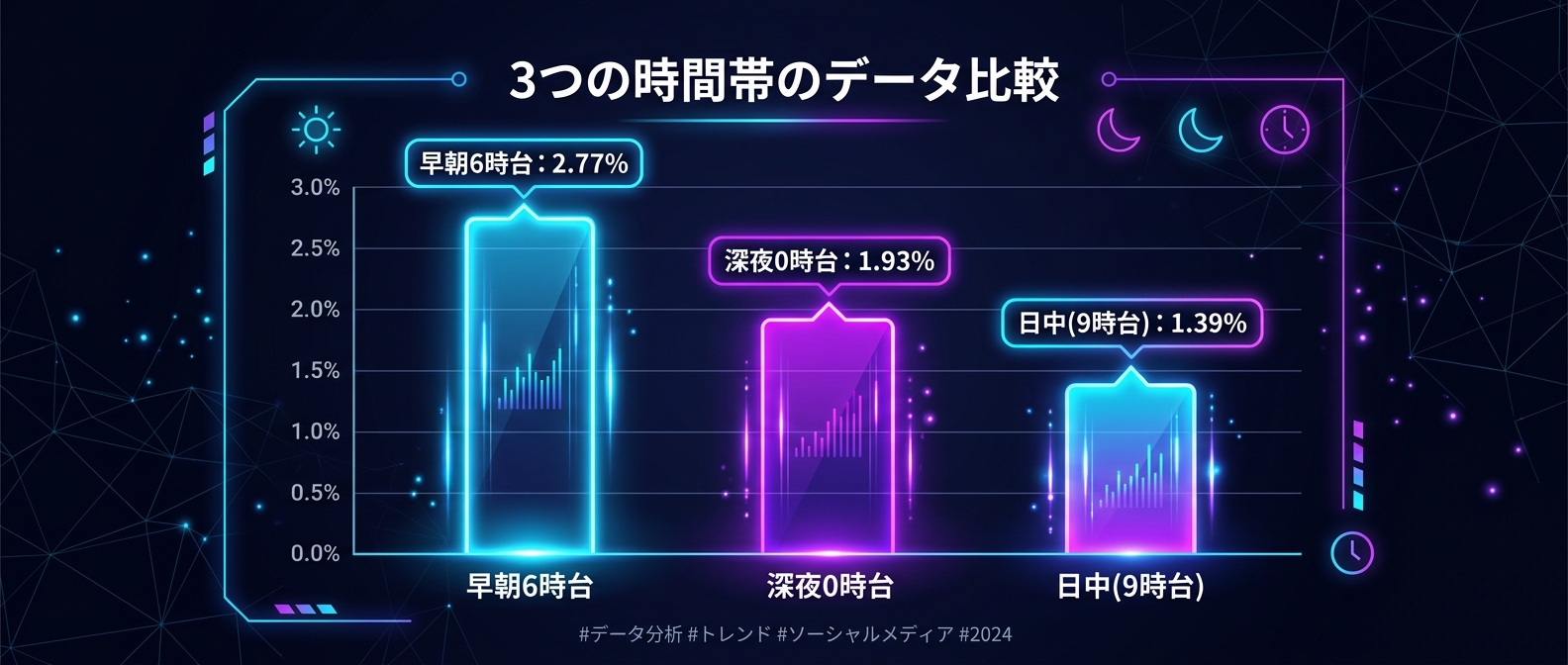 早朝と深夜のエンゲージメント率が日中を大きく上回る