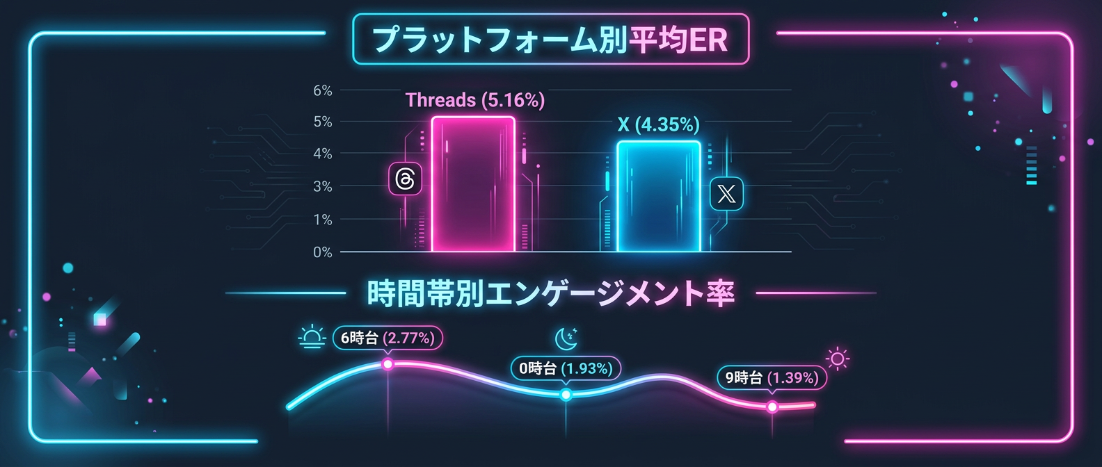プラットフォームと時間帯別の平均エンゲージメント率比較データ