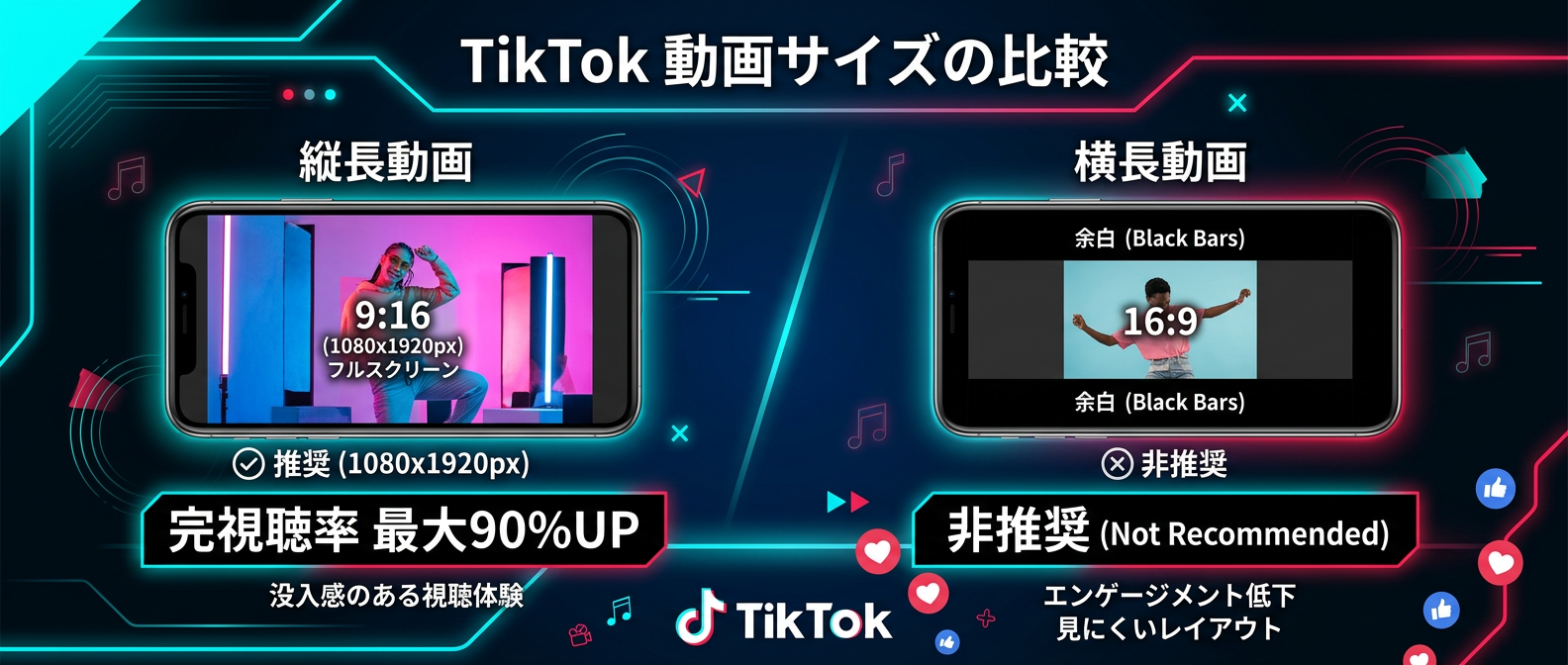 TikTokにおける推奨動画サイズ（9:16）と非推奨サイズの比較