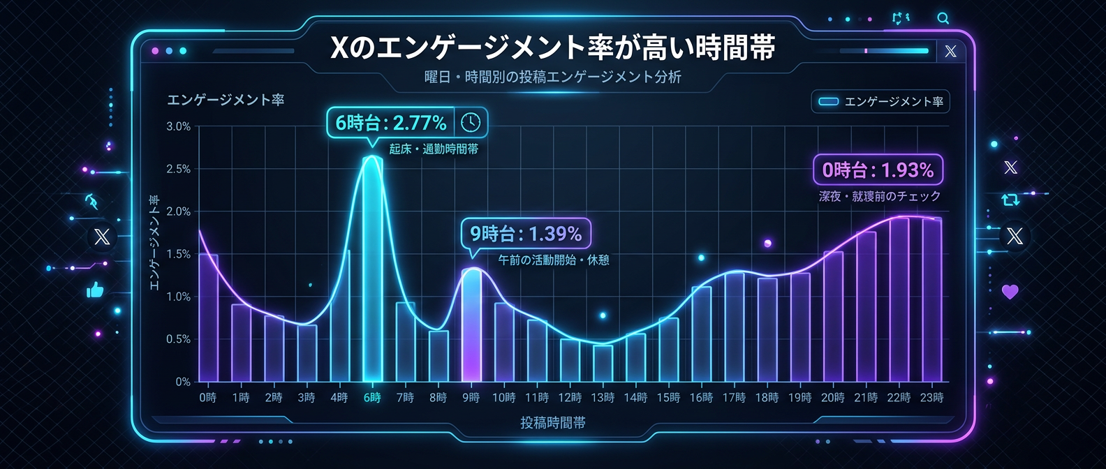 X（Twitter）でエンゲージメントが高まりやすい時間帯のデータ