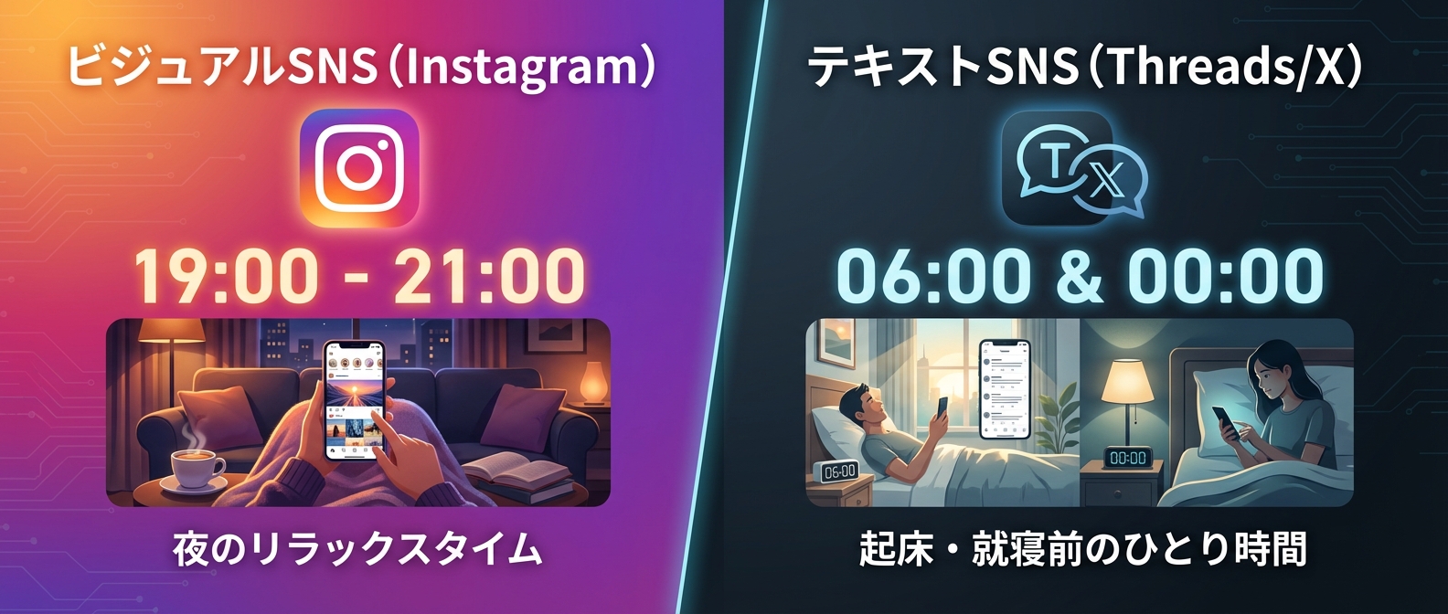 ビジュアルSNSとテキストSNSでは、ユーザーのアクティブな時間帯が明確に異なる