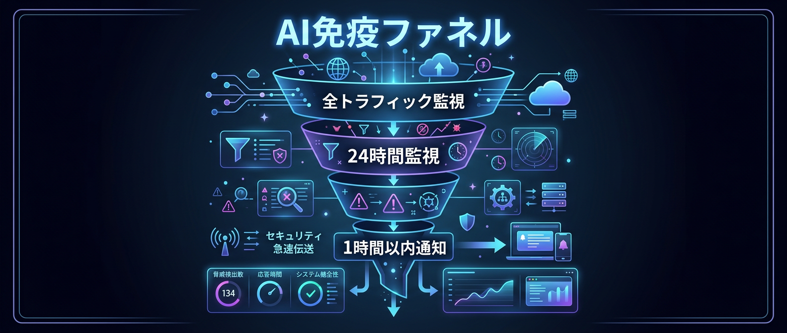 悪評が拡散する前に検知・削除する「AI免疫ファネル」。