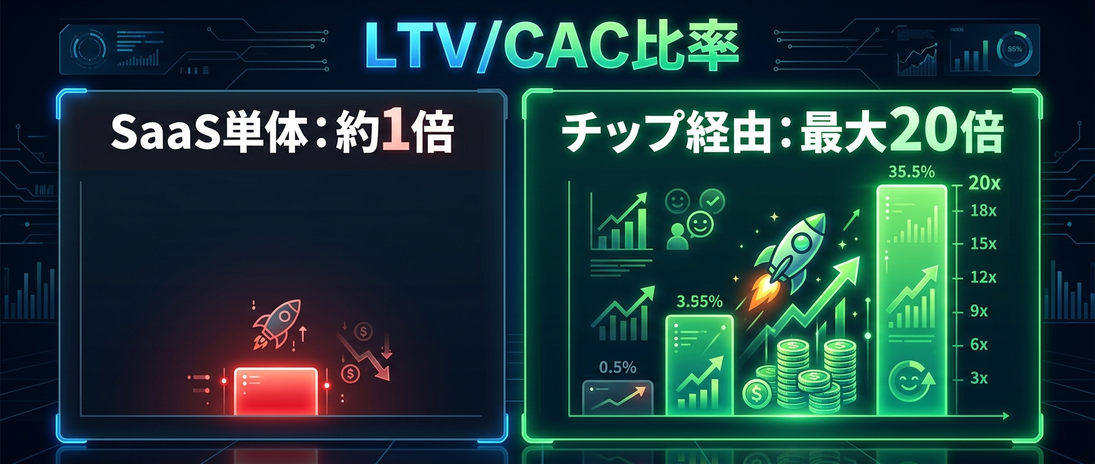 SaaS単体とマイクロチップ経由のLTV/CAC比率の圧倒的な差