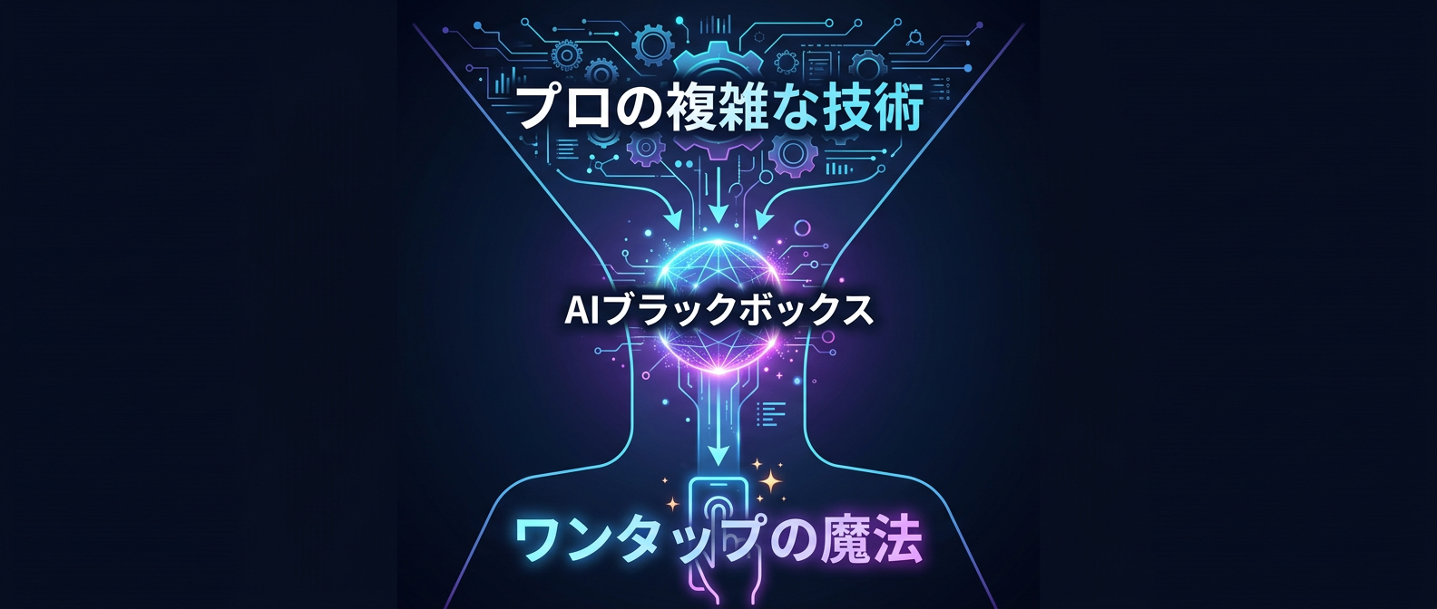 プロの複雑な技術をAIでブラックボックス化する「スキル民主化ファネル」。