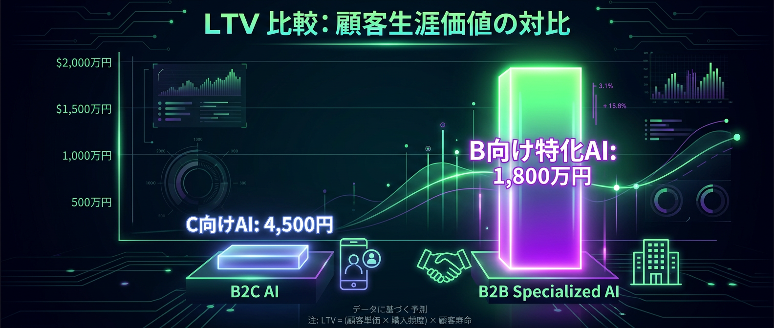 C向け汎用AIとB向け特化型AIの圧倒的なLTV（顧客生涯価値）の格差。