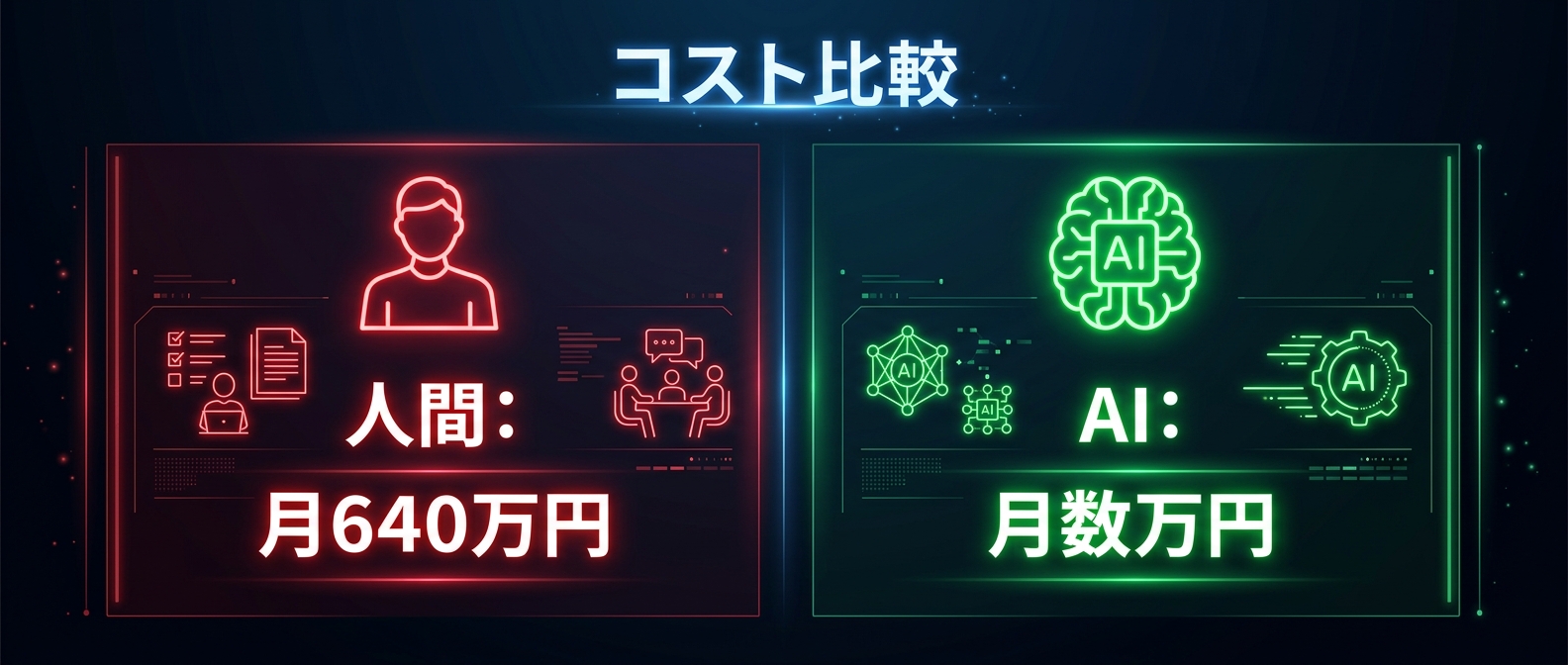 人間とAIの圧倒的なコスト差（月額640万円 vs 数万円）