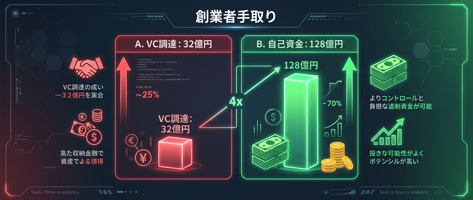 VC調達と自己資金（ブートストラップ）の創業者手取り比較