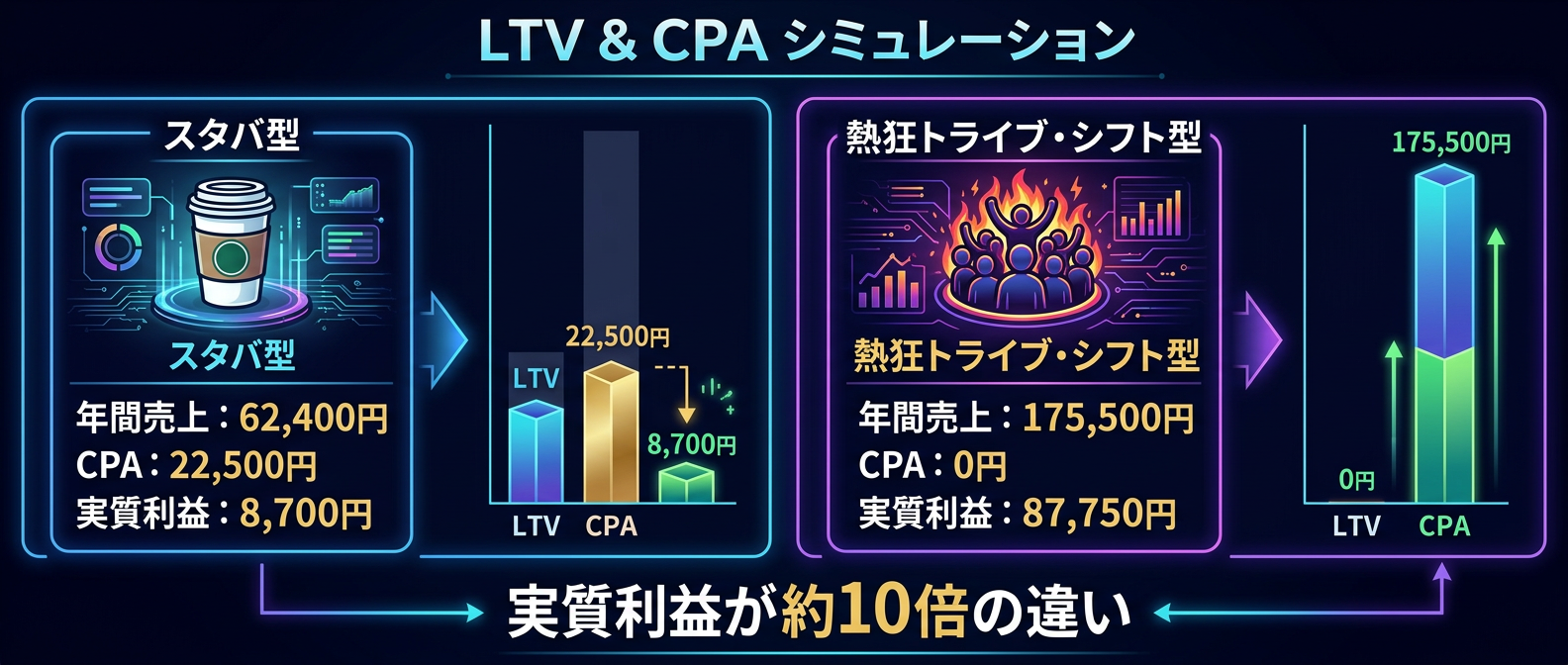 1顧客あたりの利益に約10倍の差が生まれるシミュレーション