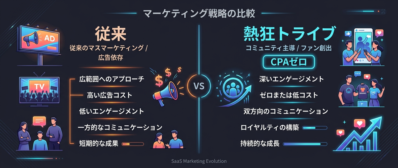 スペックを売る従来型と、ストーリーを売る熱狂トライブ型の違い