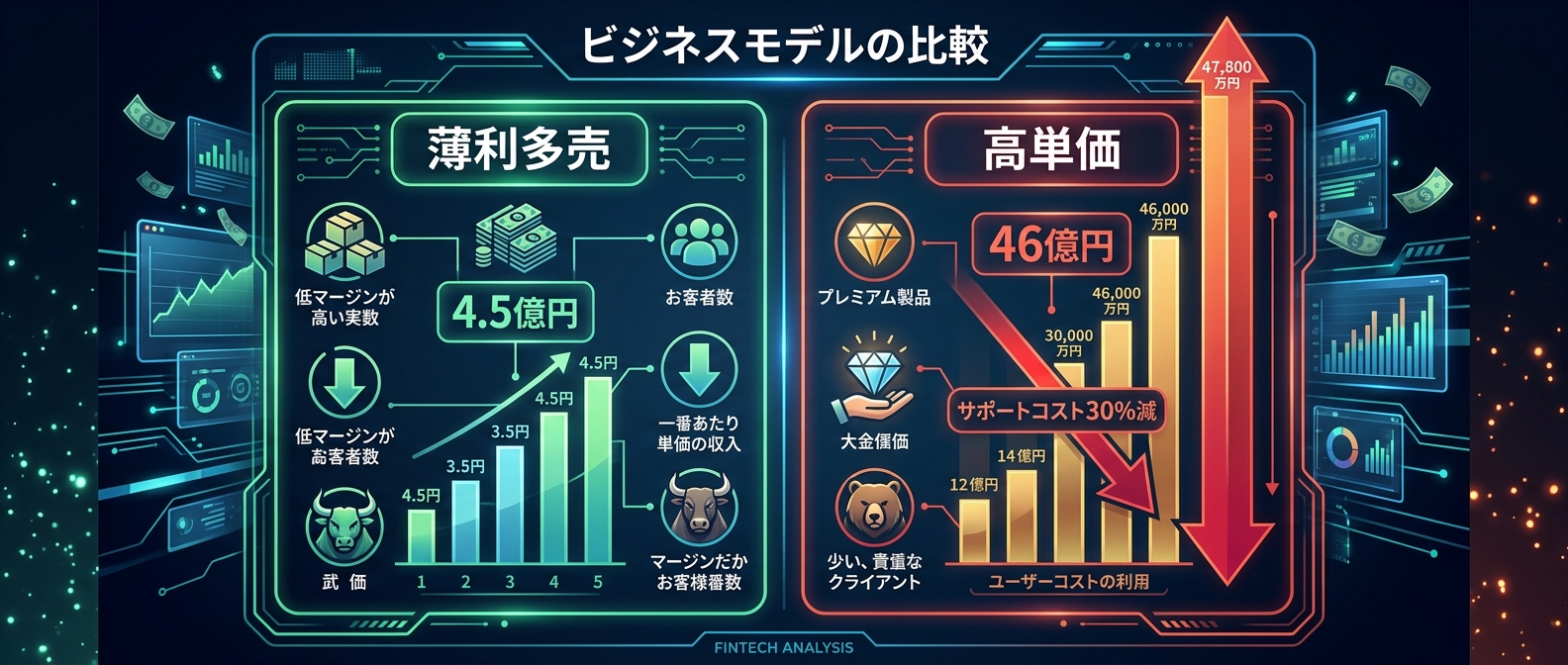 薄利多売モデルと極限体験ロックイン（超高単価）モデルの収益・サポートコスト比較