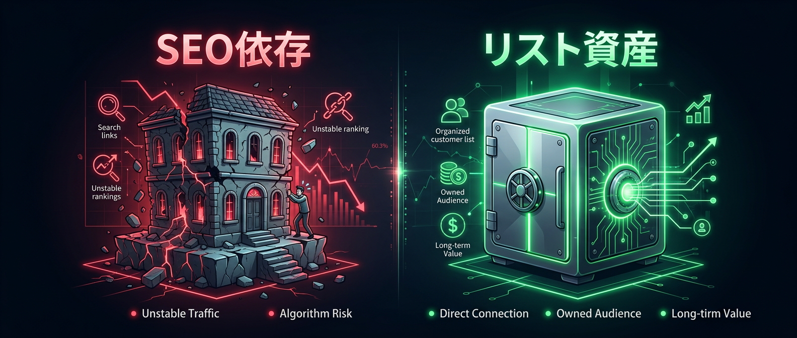プラットフォーム依存（借り物の土地）とリスト資産（自分の土地）の比較