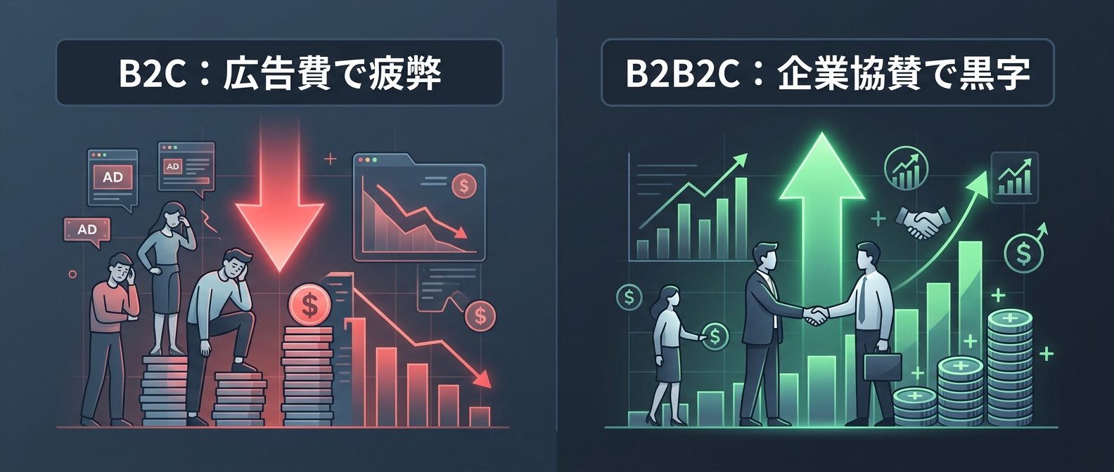 CPAで疲弊するB2Cと、企業協賛で利益を生むB2B2Cの比較