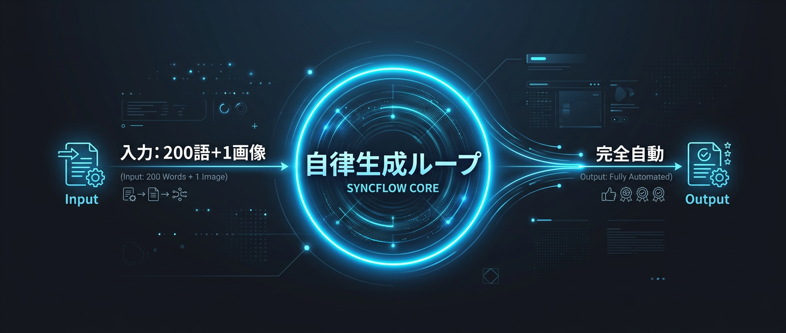 人間のディレクションを完全に排除した「自律生成ループ」の仕組み。