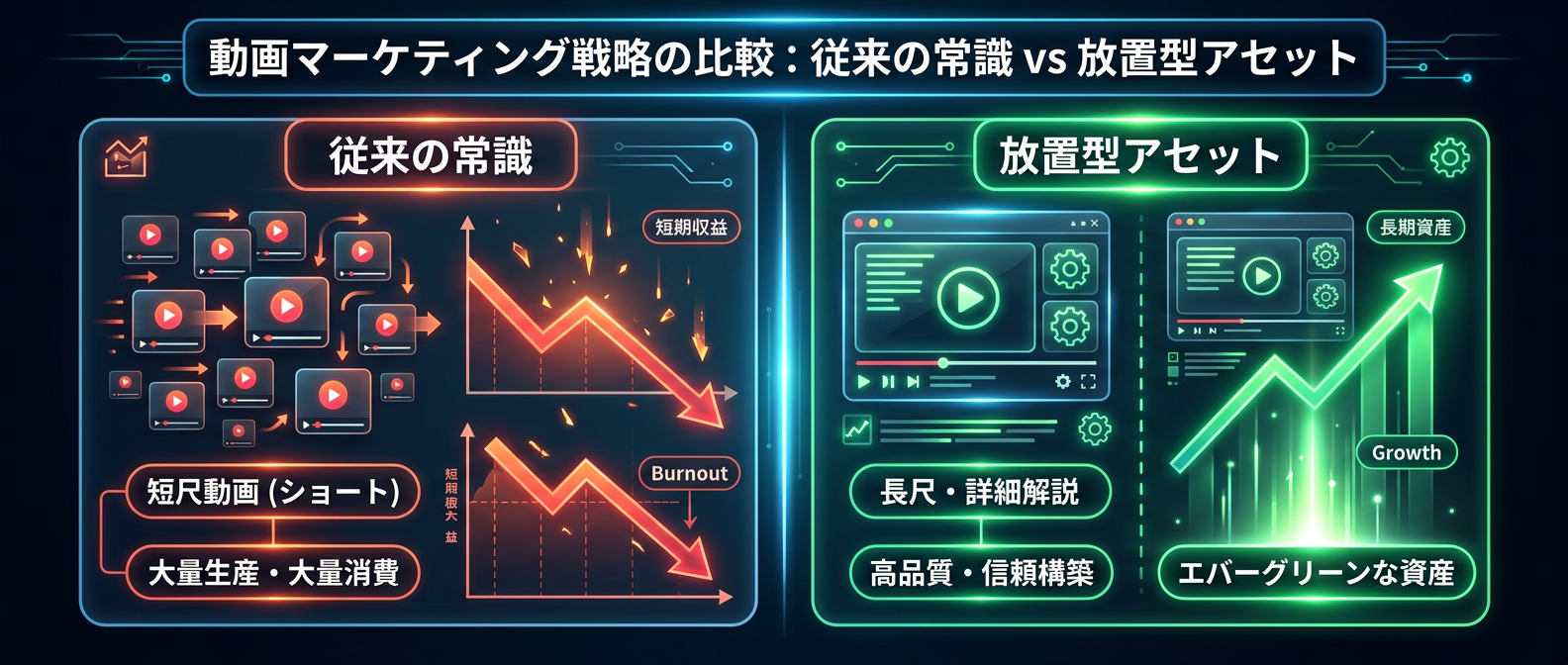 従来の「量産型」と「放置型アセット」の比較
