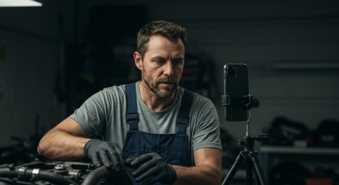 週末のガレージで泥臭いバイク修理をスマホで撮影するエンジニア