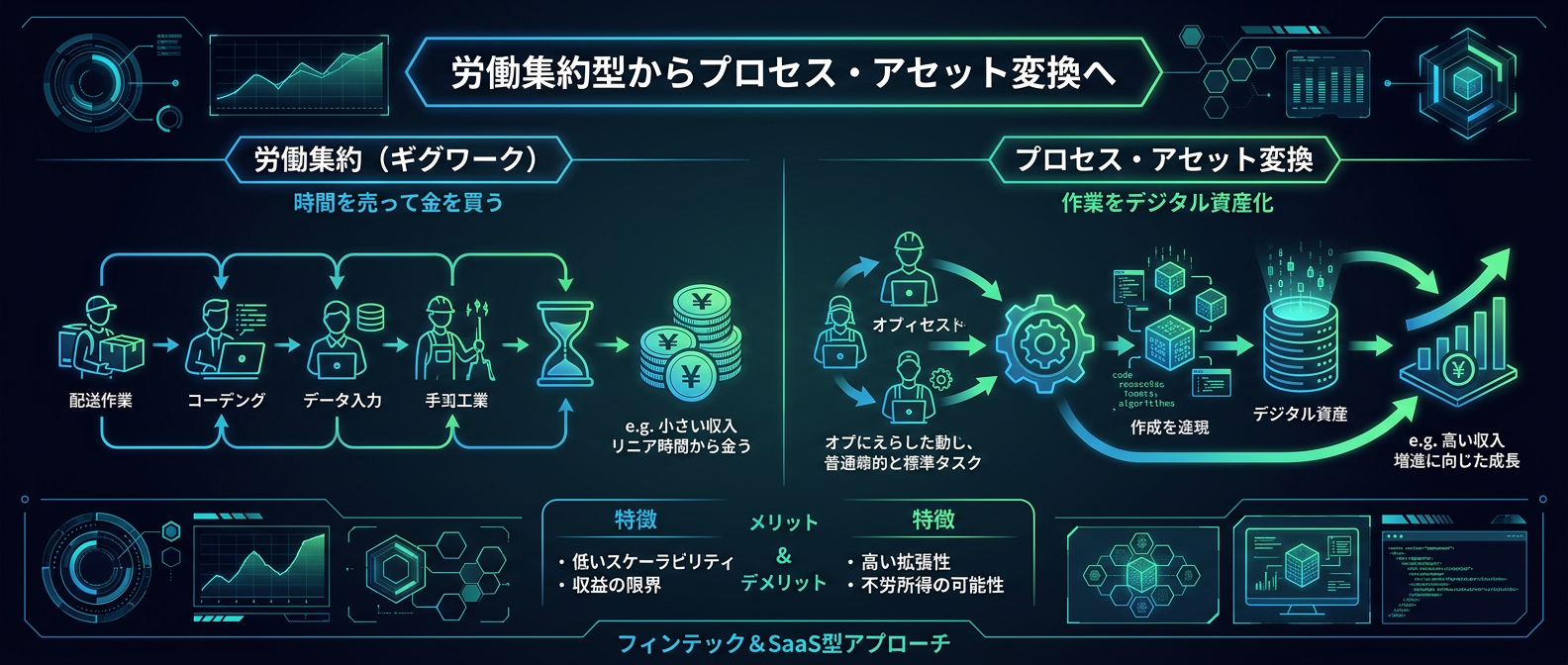 時間を切り売りする「労働集約」と、作業を資産化する「プロセス・アセット変換」の構造比較