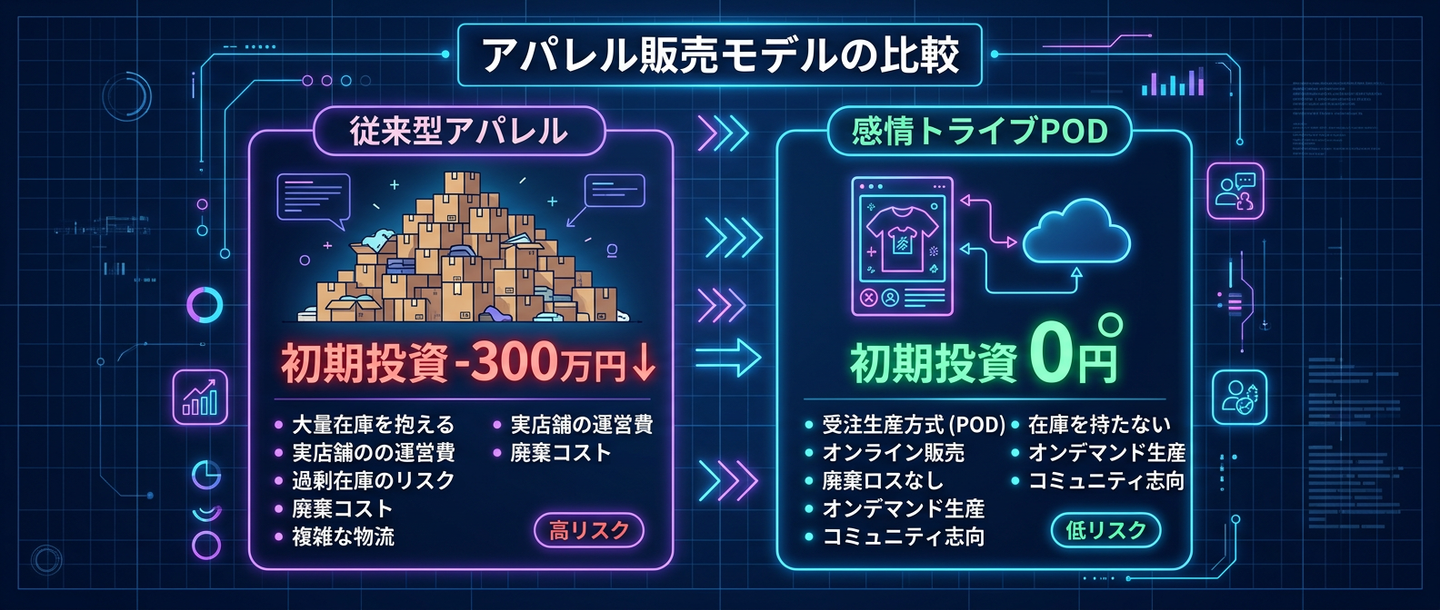 従来型アパレルと感情トライブPODの初期投資・在庫リスク比較