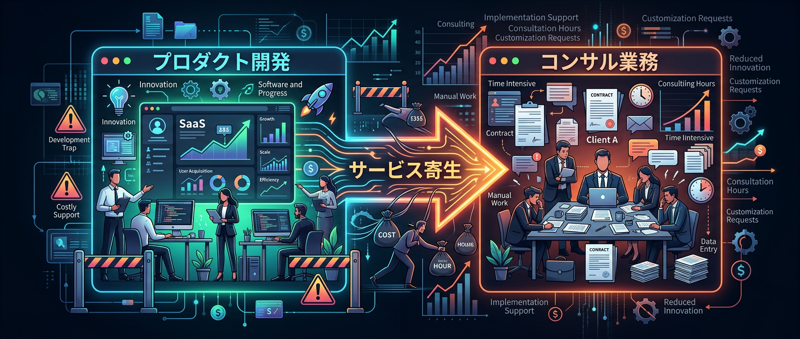 プロダクト開発の時間が奪われ、労働集約的なコンサルに依存する「サービス寄生」の罠。
